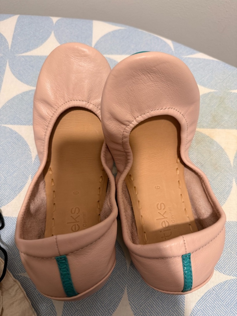 Tieks Pink Leather Ballet Flats with Teal Heel Tab